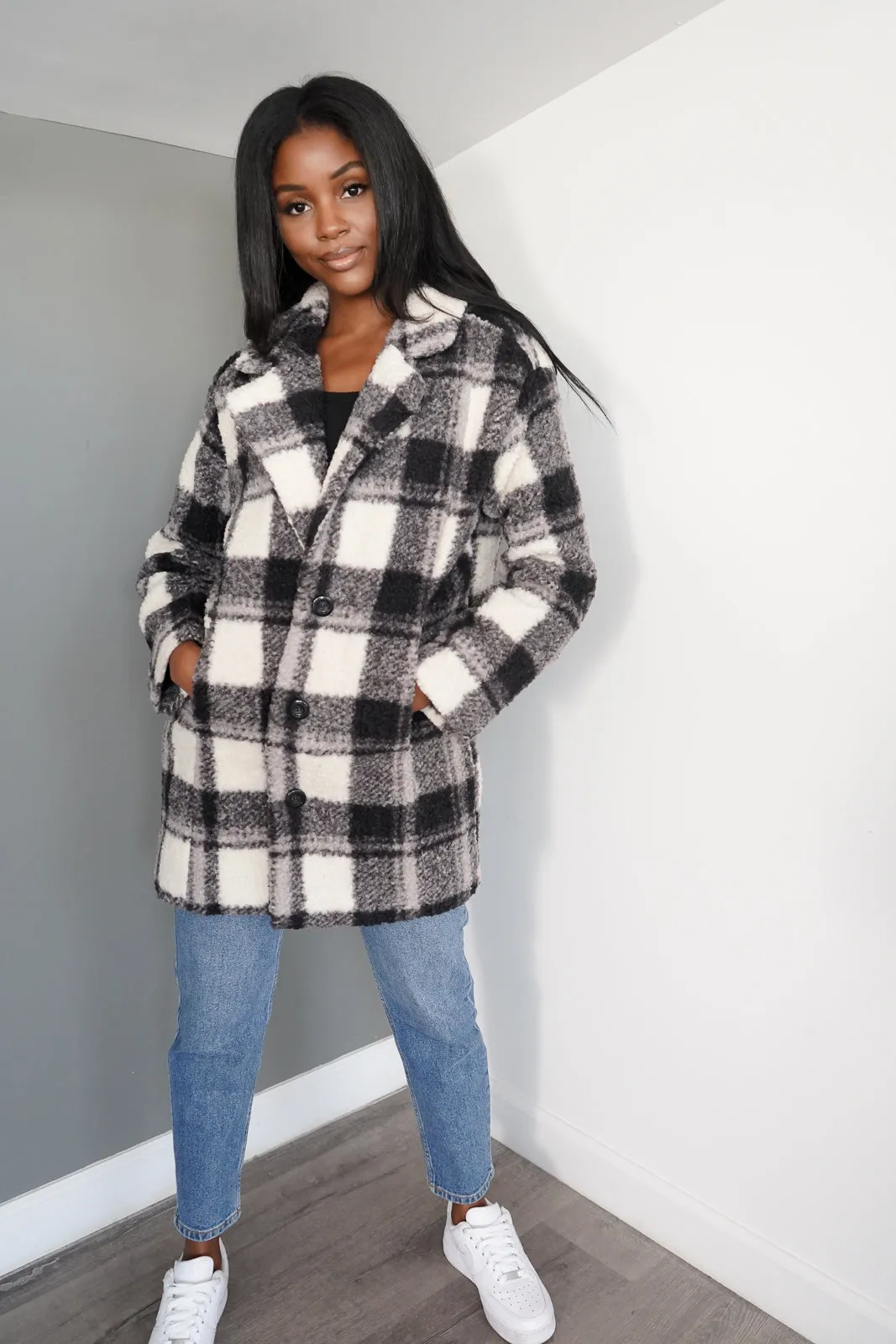 Faux Shearling Plaid Coat