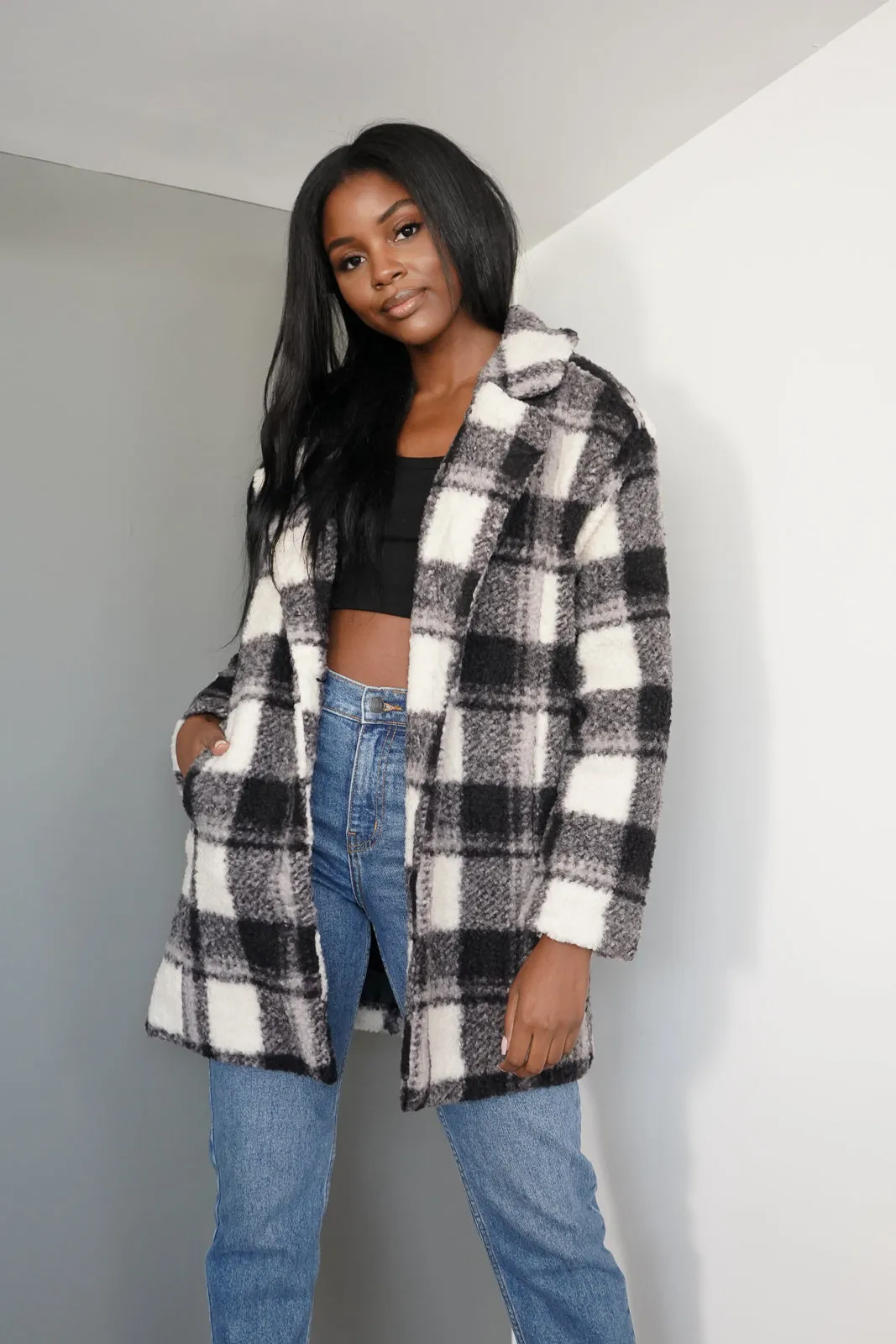 Faux Shearling Plaid Coat