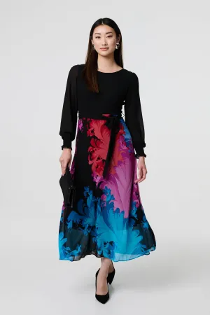 Floral Contrast Print Tie Waist Midi Dress