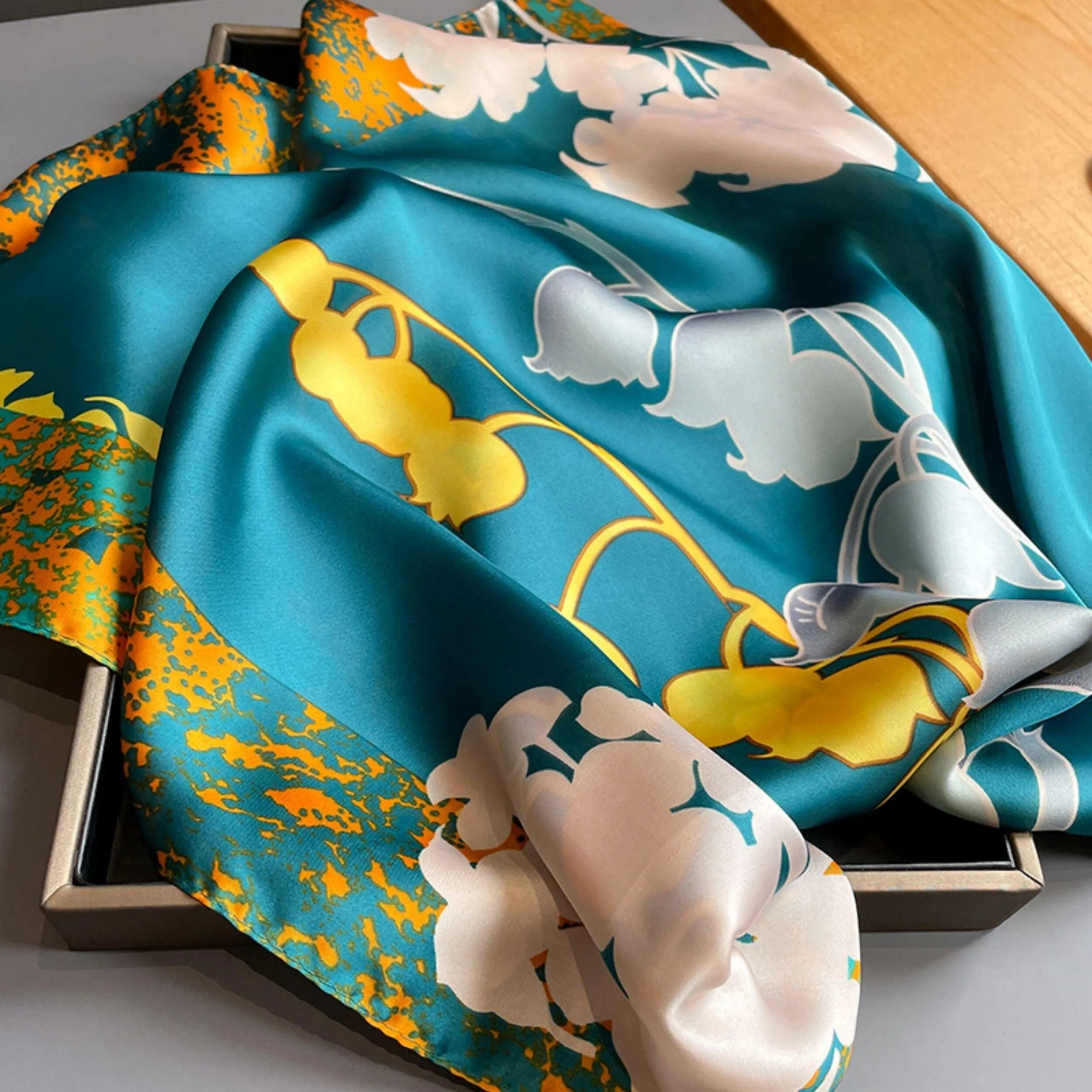 Floral print large scarf/| 90x90cm Bandana | Twill Satin Shawl | Perfect Gift for Her, Mother's Day