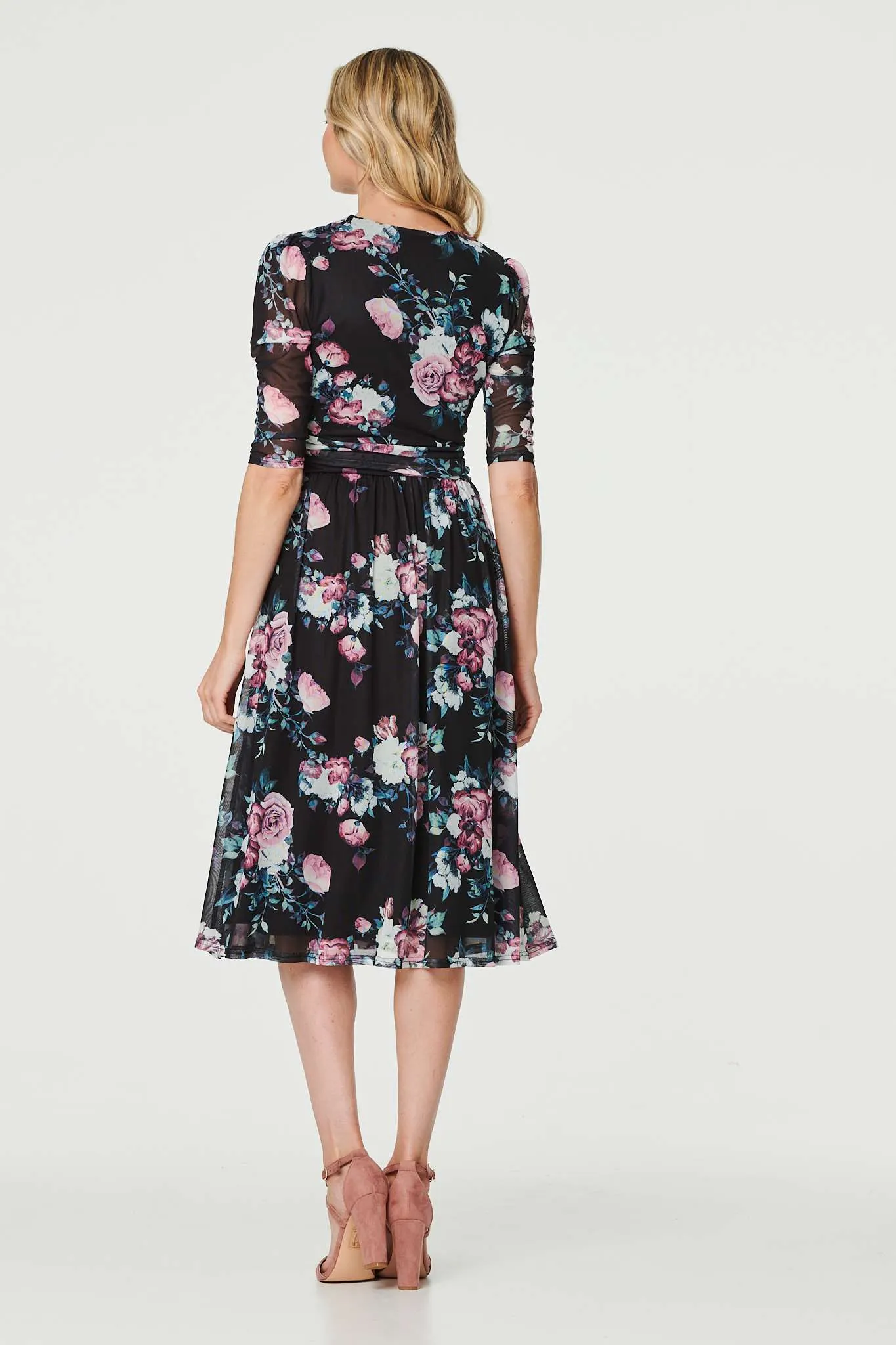 Floral Ruched Midi Tea Dress