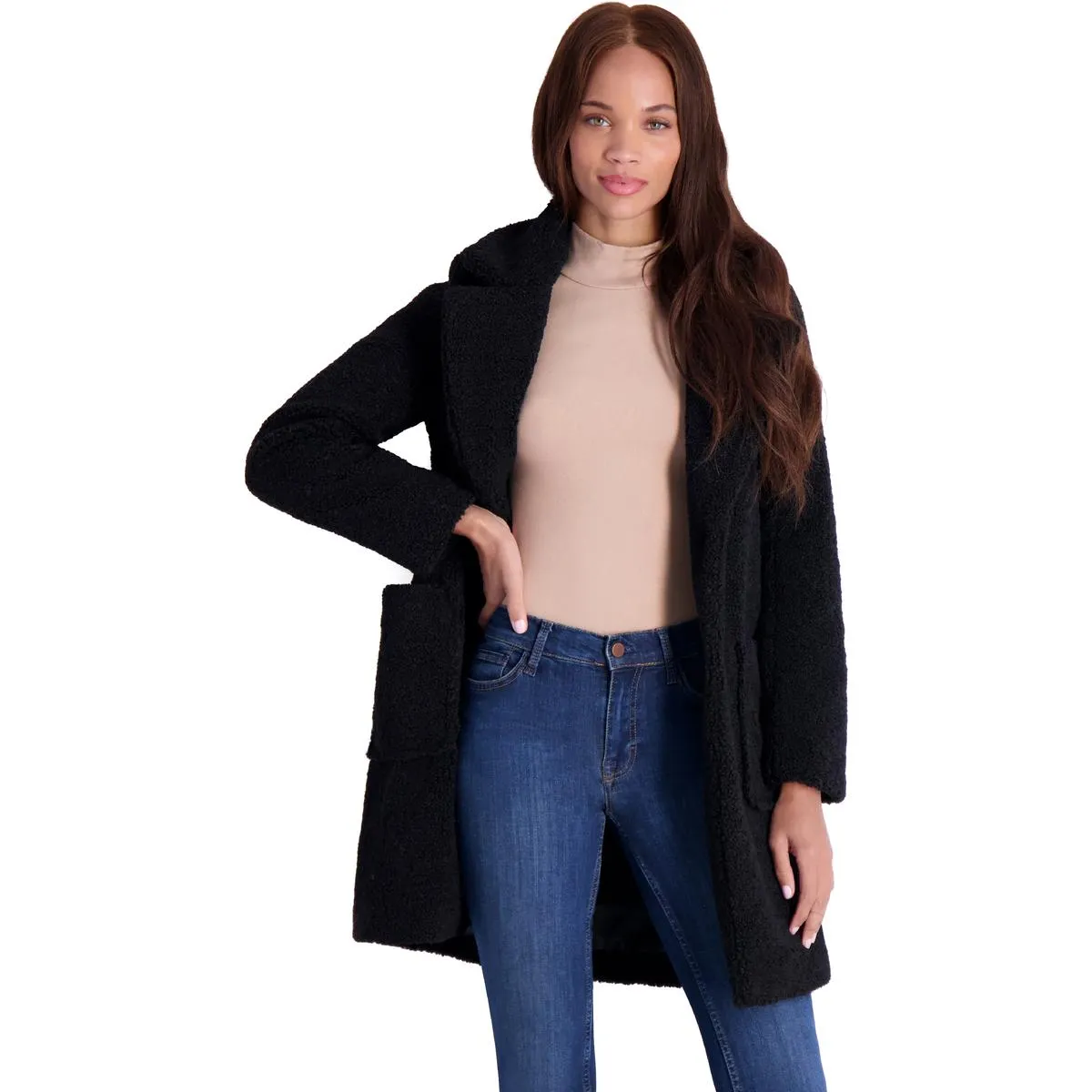 French Connection Women's Faux Shearling Teddy Lapel Midi Coat