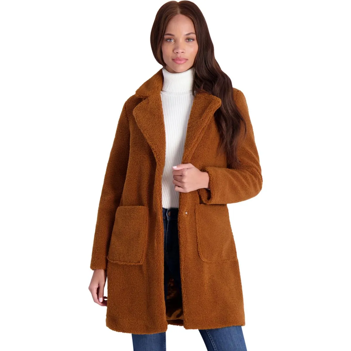 French Connection Women's Faux Shearling Teddy Lapel Midi Coat