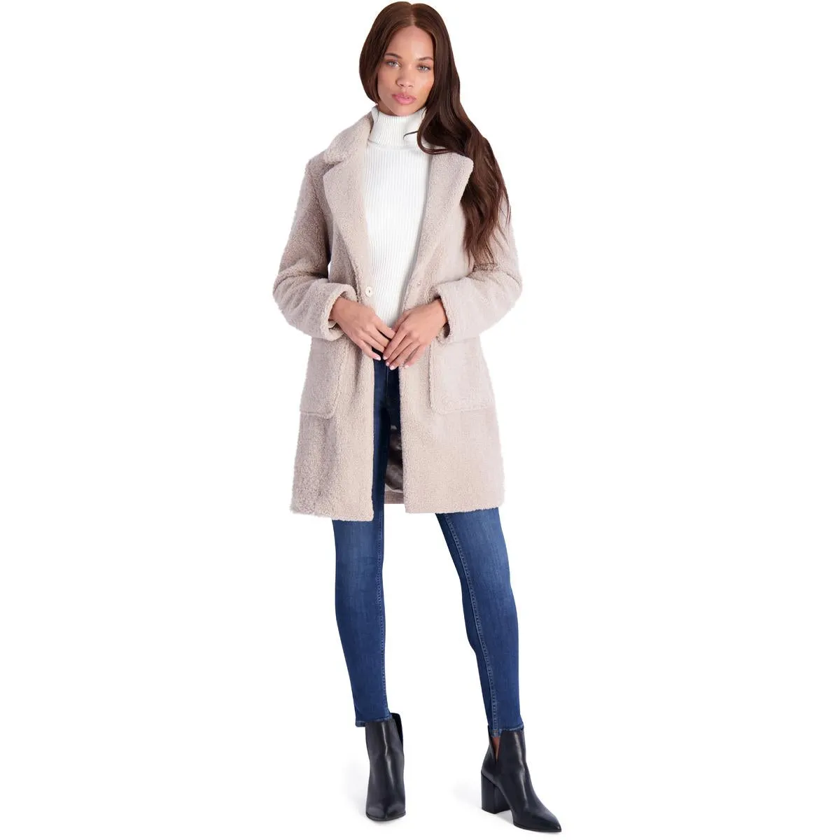 French Connection Women's Faux Shearling Teddy Lapel Midi Coat