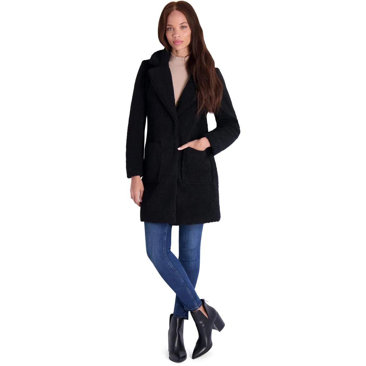 French Connection Women's Faux Shearling Teddy Lapel Midi Coat