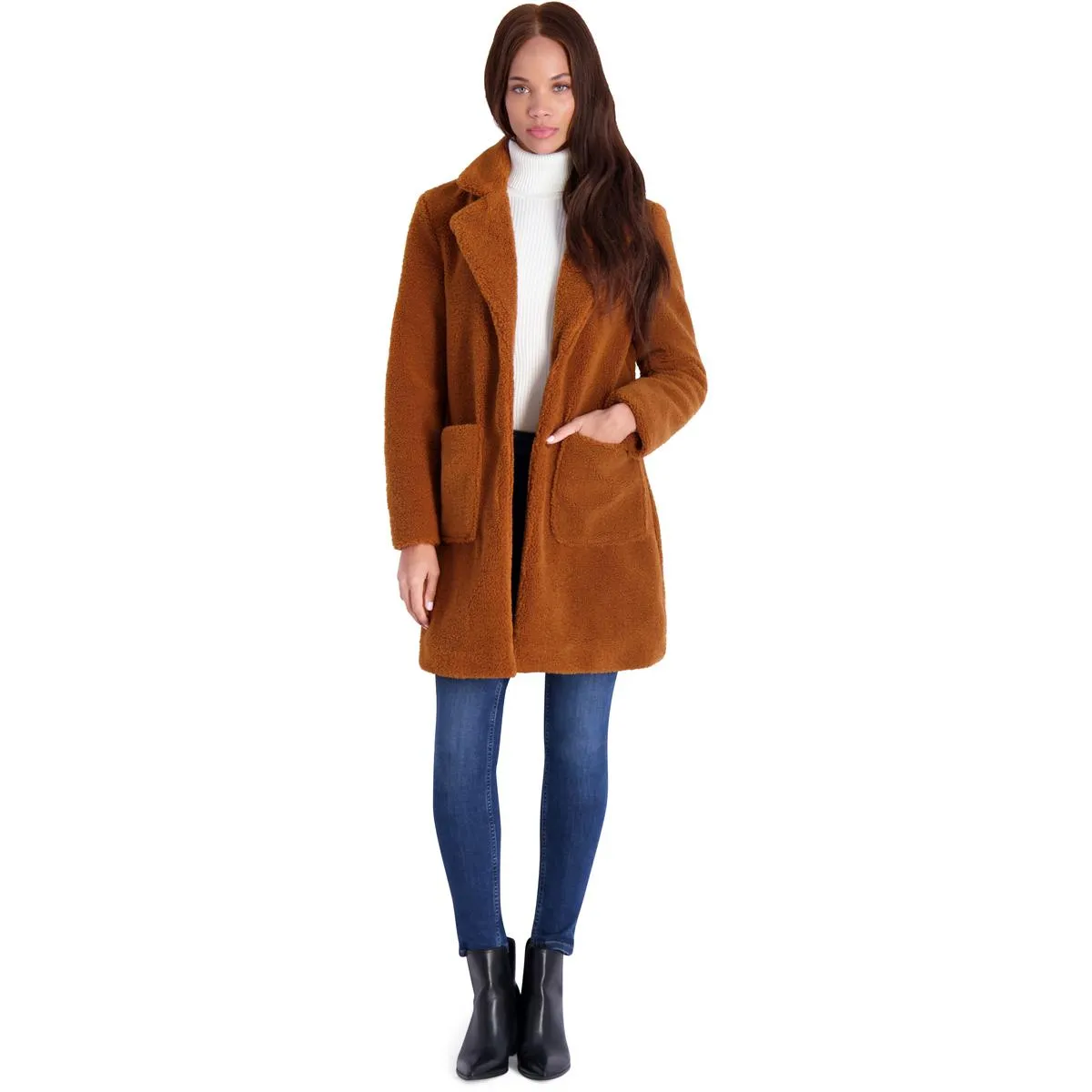 French Connection Women's Faux Shearling Teddy Lapel Midi Coat