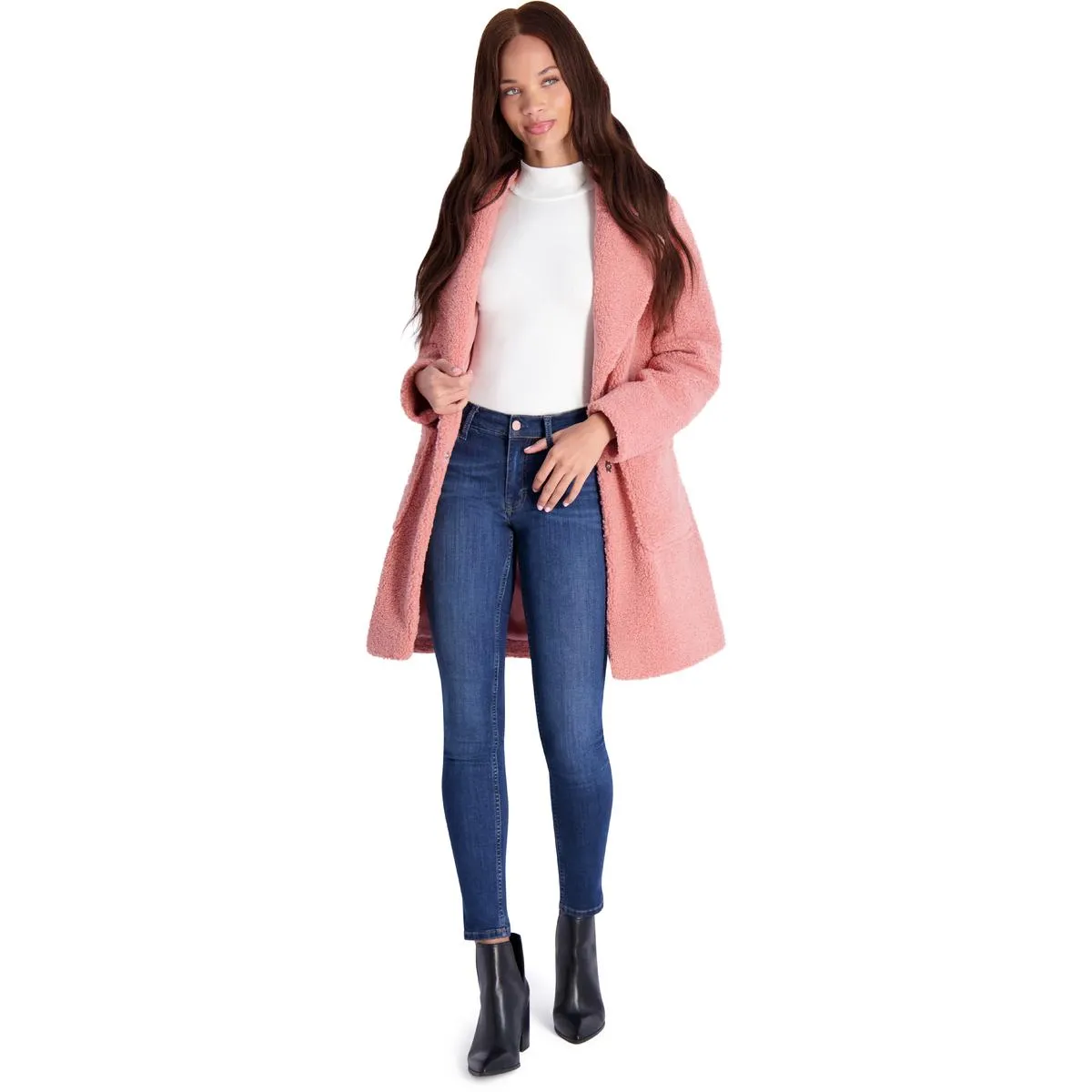 French Connection Women's Faux Shearling Teddy Lapel Midi Coat