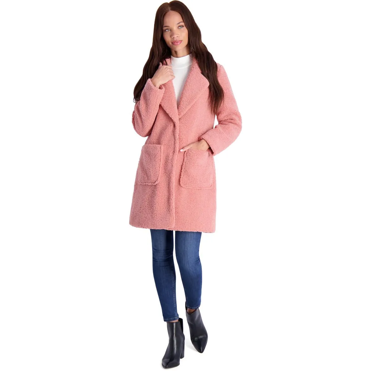 French Connection Women's Faux Shearling Teddy Lapel Midi Coat