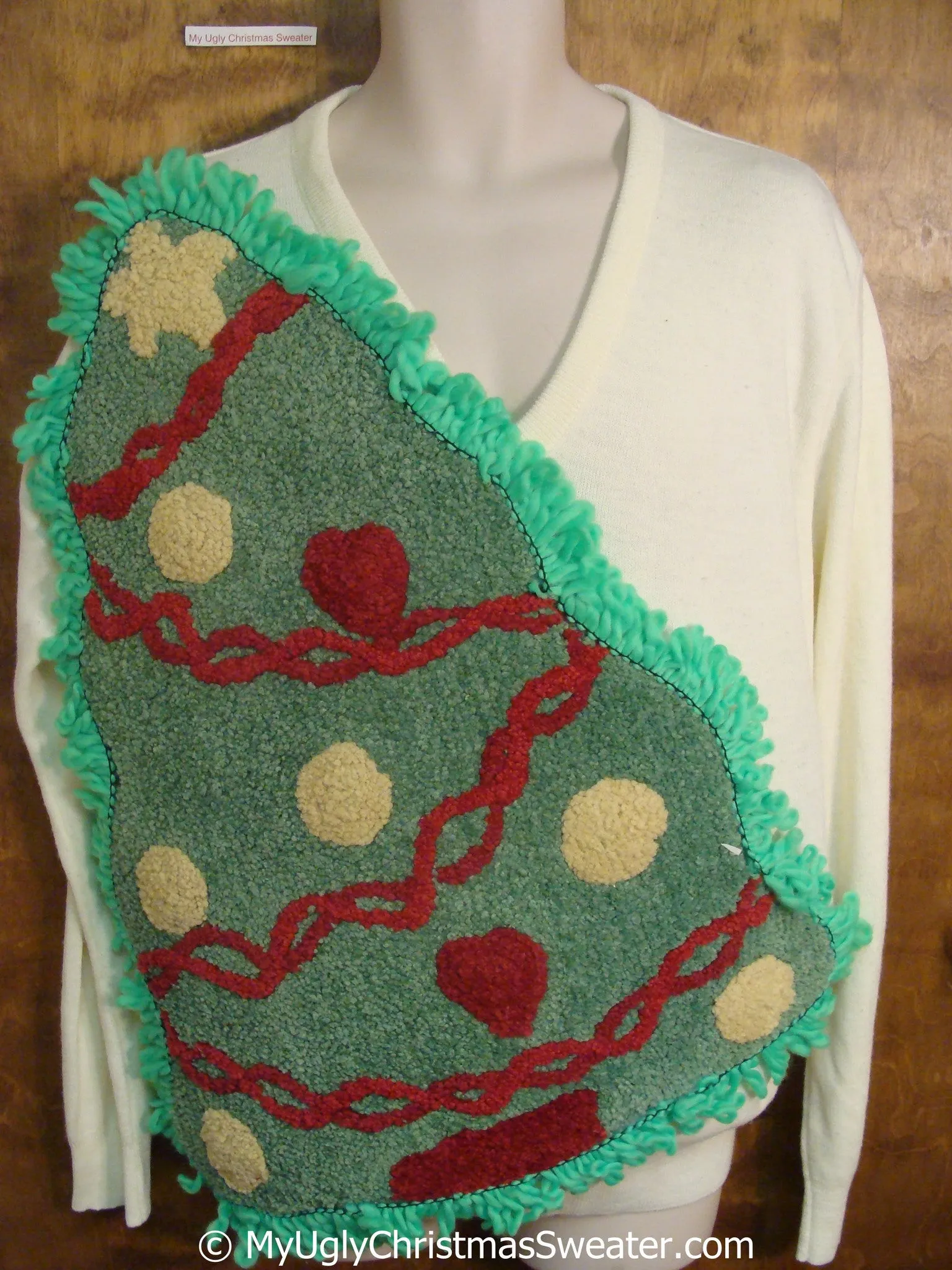 Funny Ivory Vneck Ugly Christmas Sweater with Oversized Tree