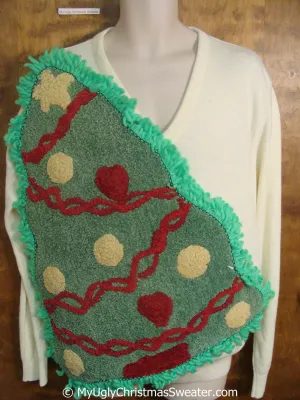 Funny Ivory Vneck Ugly Christmas Sweater with Oversized Tree