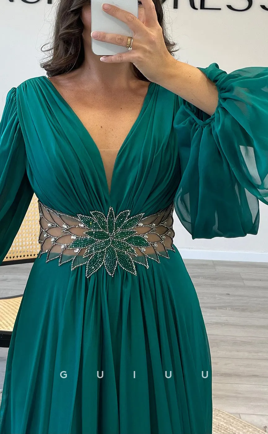 G3527 - Chic & Modern A-Line V-Neck Long Sleeves High Side Slit Pleated Draped Beaded Cut Outs Floor-Length Party Gown Prom Dress