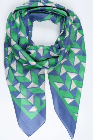 Geometric Print Bordered Cotton Scarf in Blue