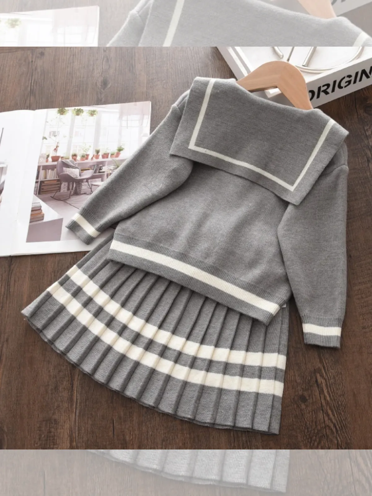 Girls Classic Grey Knitted Cardigan and Pleated Skirt Set