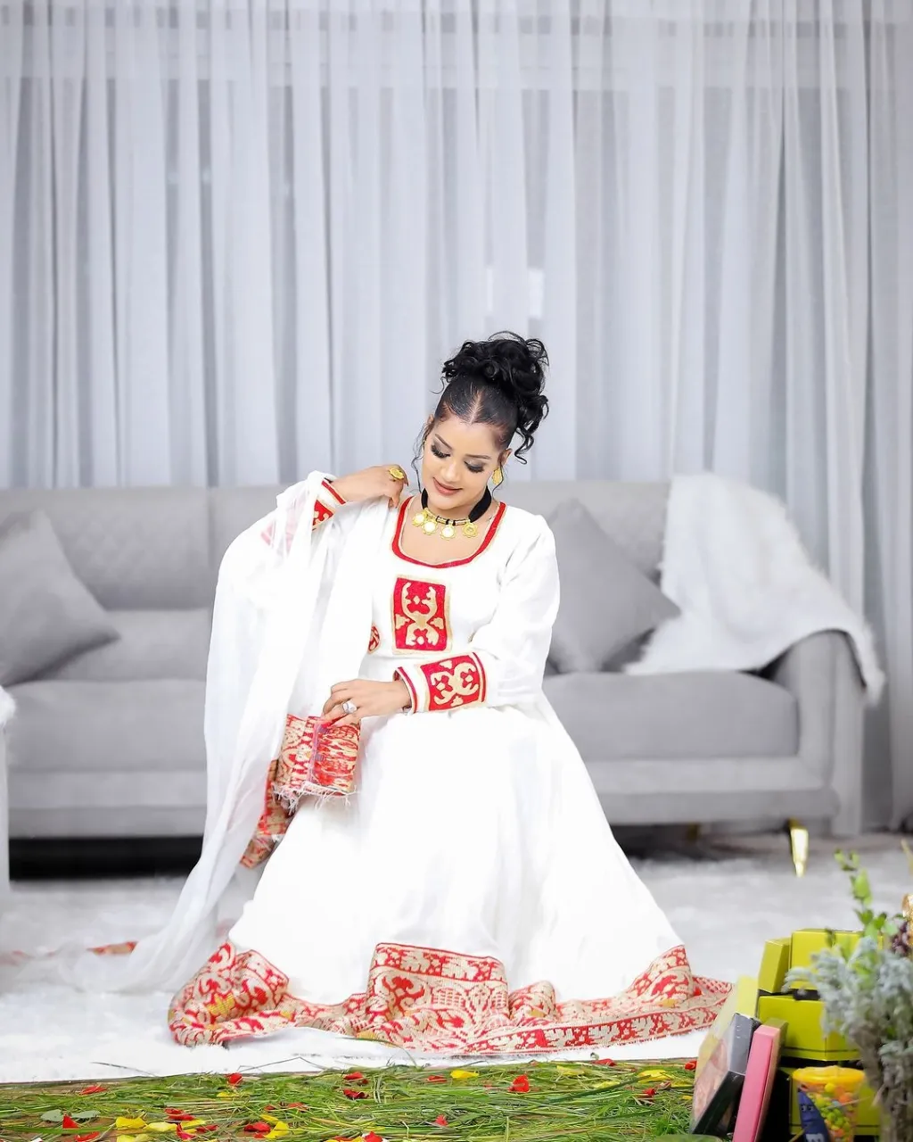 Graceful Hot Red Traditional Ethiopian Dress: Meticulously Designed Handmade Habesha Dress for Special Occasions Habesha Kemis