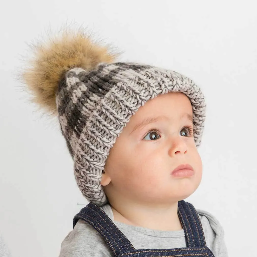 Grey Buffalo Check Pom Pom Beanie Hat