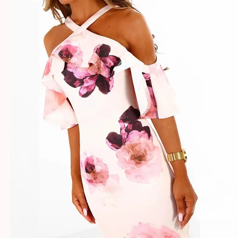 Halter Neck Hollow Shoulder Floral Printed Dress