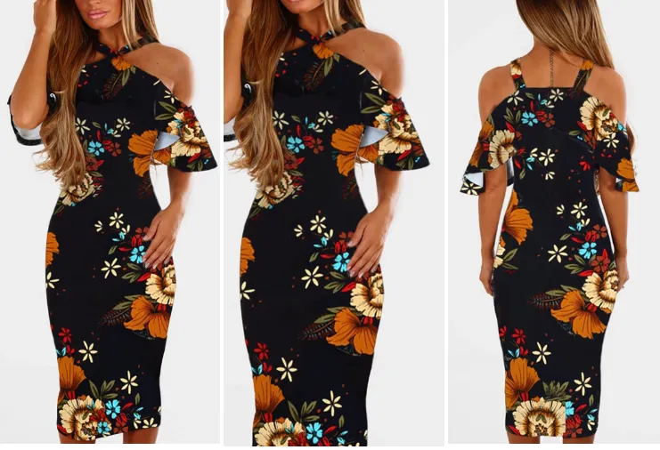 Halter Neck Hollow Shoulder Floral Printed Dress