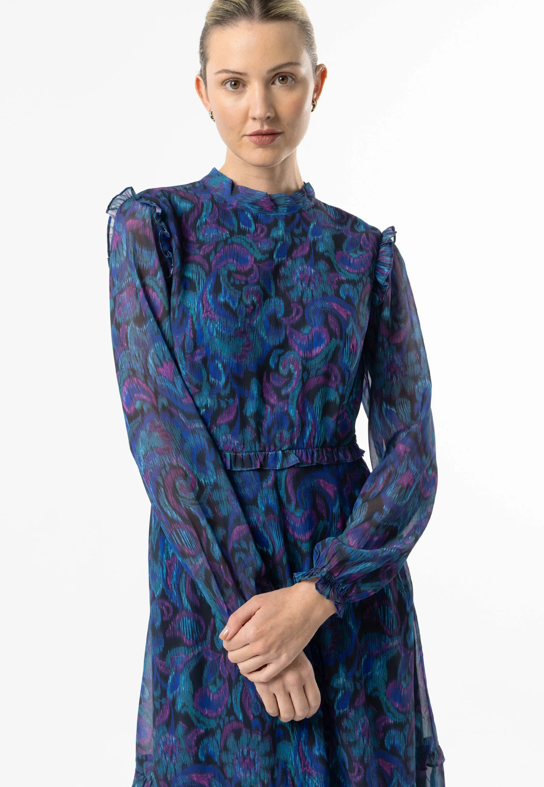 High Neck Ruffle Detail Midi Dress in Blue Paisley Print