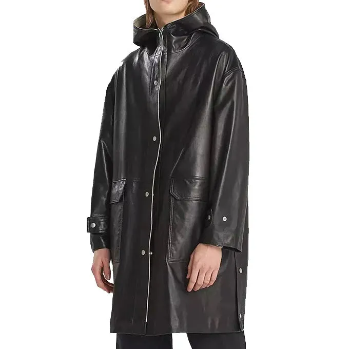 Hooded Leather Trench Coat Black