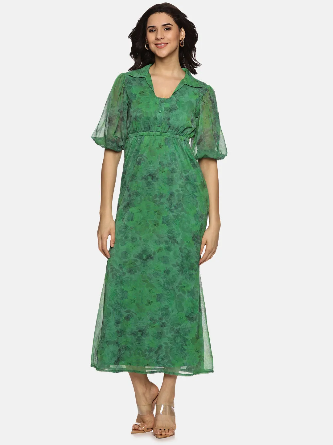 IS.U Floral Green Shirt Collared Maxi Dress