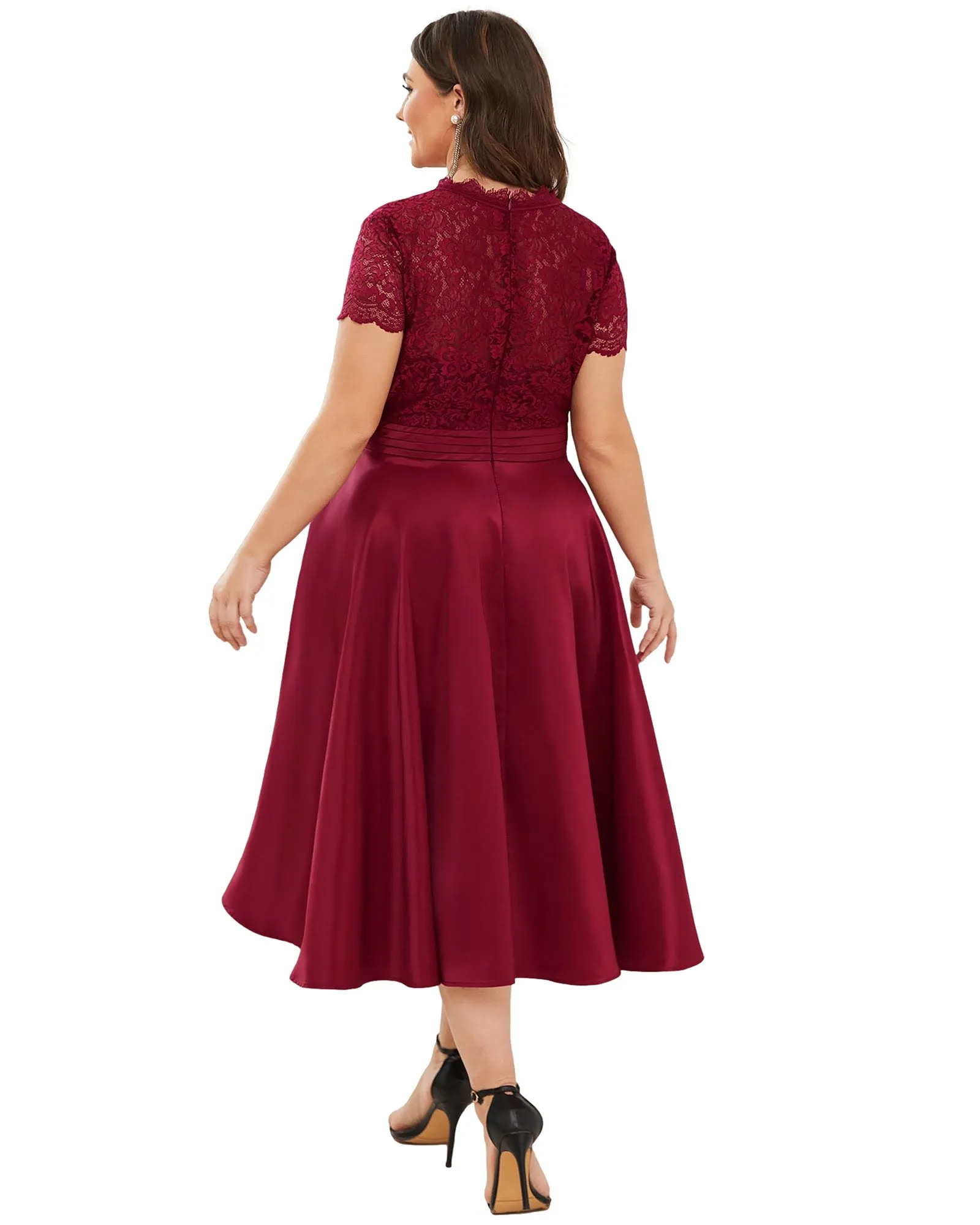 Lace Cap Sleeve V neck Cocktail Dress | Burgundy