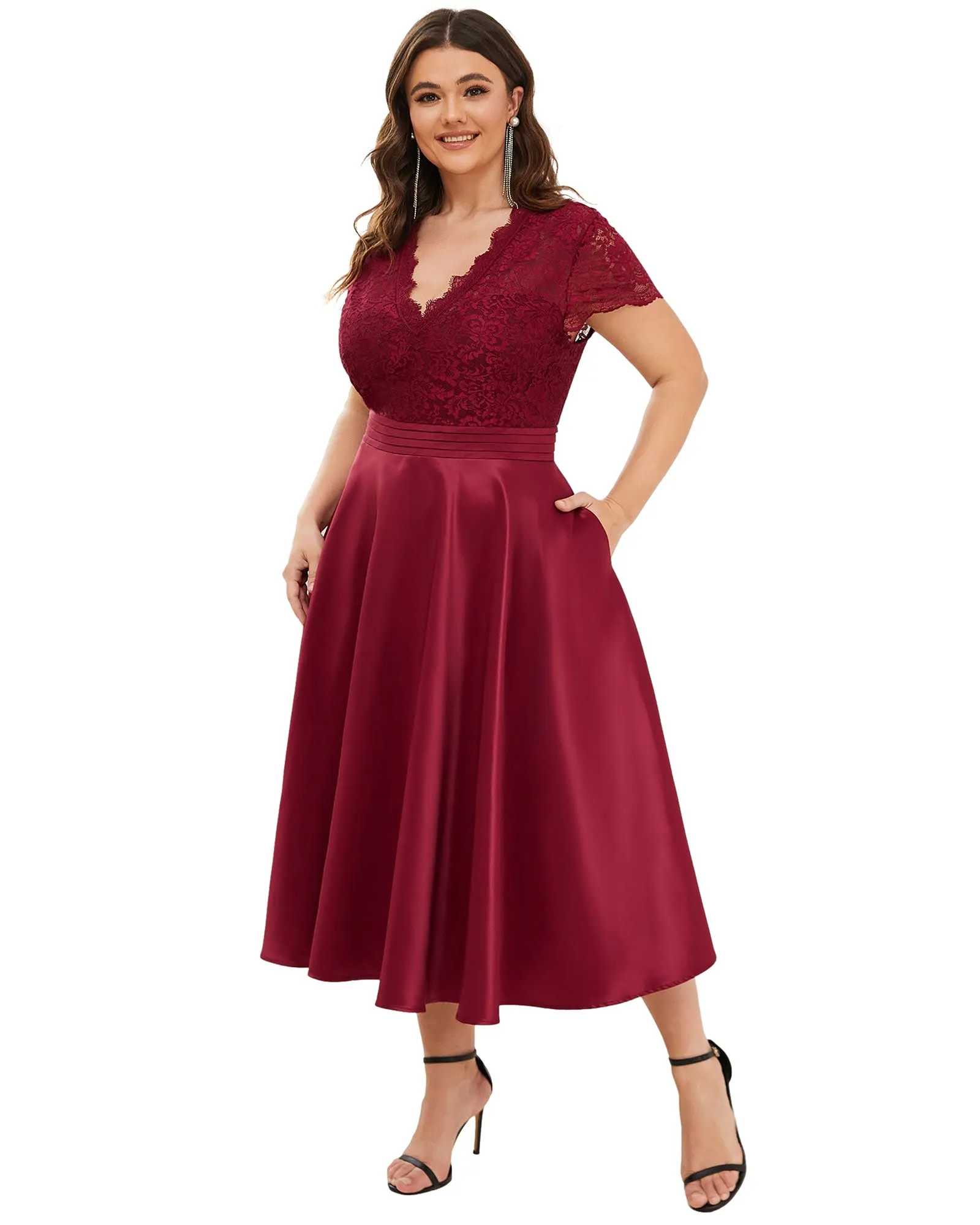 Lace Cap Sleeve V neck Cocktail Dress | Burgundy