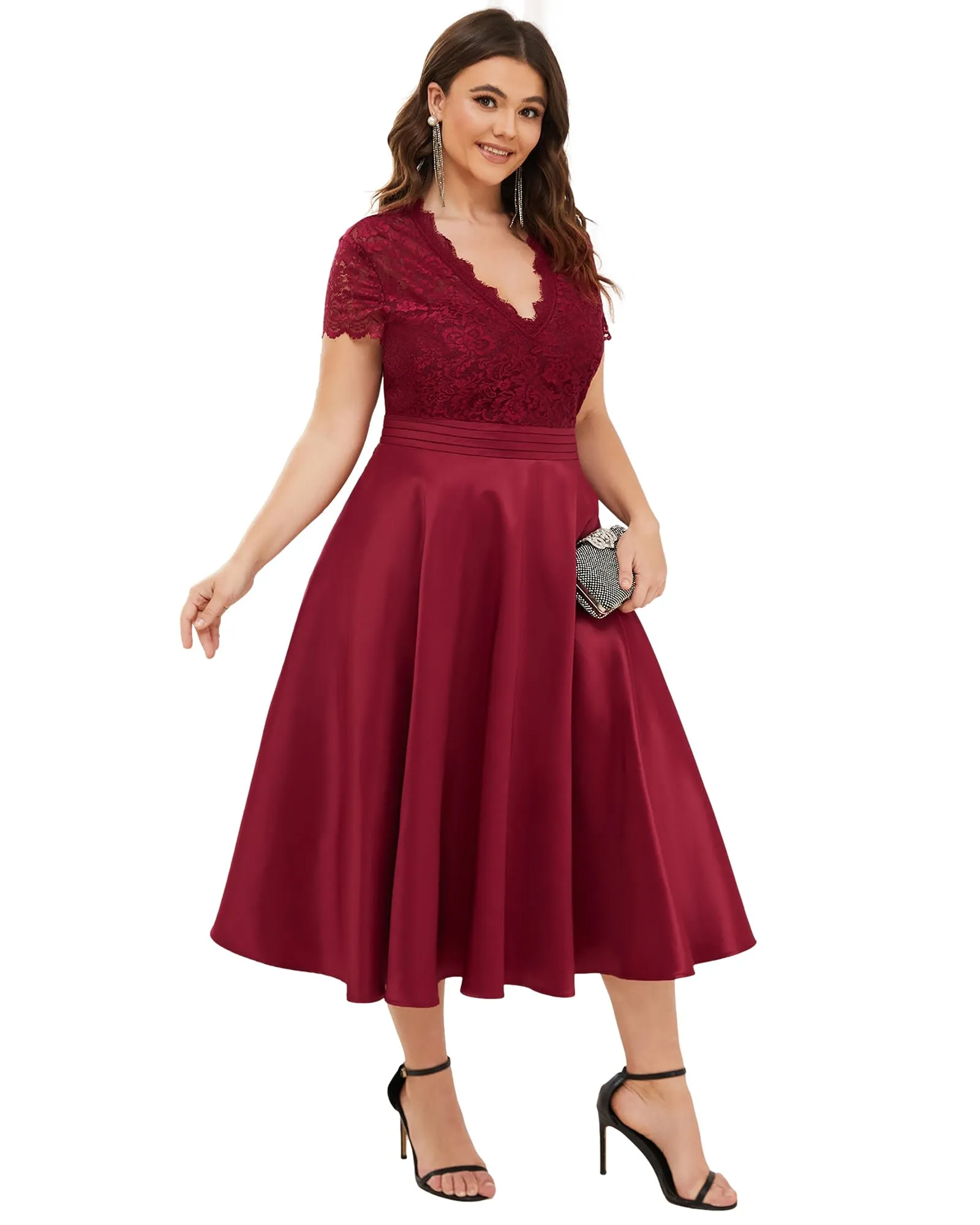 Lace Cap Sleeve V neck Cocktail Dress | Burgundy