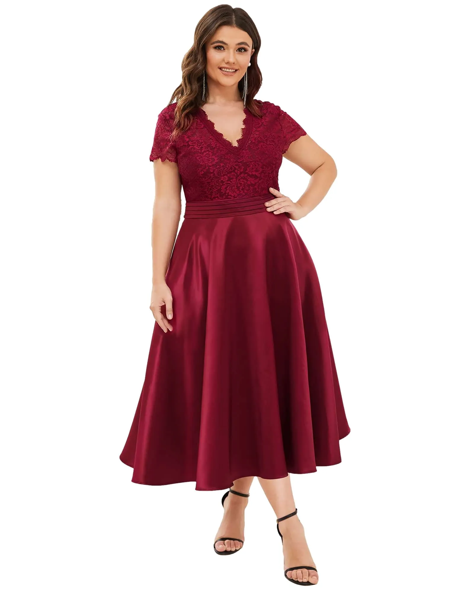 Lace Cap Sleeve V neck Cocktail Dress | Burgundy