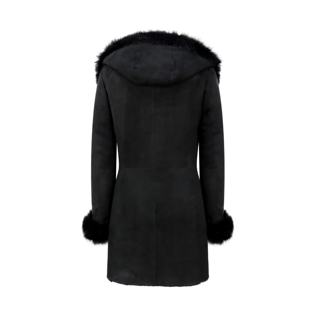 Ladies 3/4 Genuine Sheepskin Coat Black Soft Suede Outer Fitted Merino