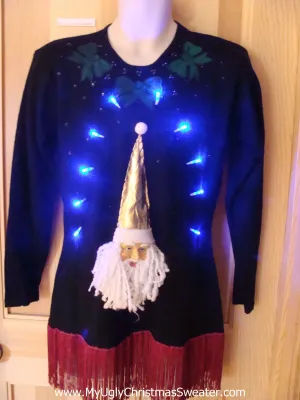 Light Up 80s Ugly Xmas Sweater 3D Santa Fringe