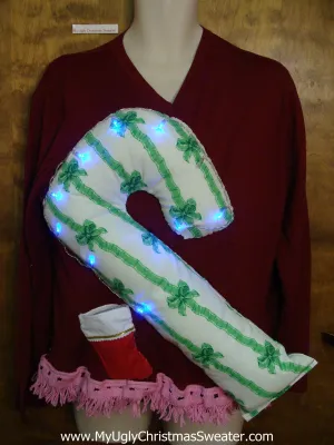 Light Up Funny Christmas Sweater Huge 3D Candy Cane