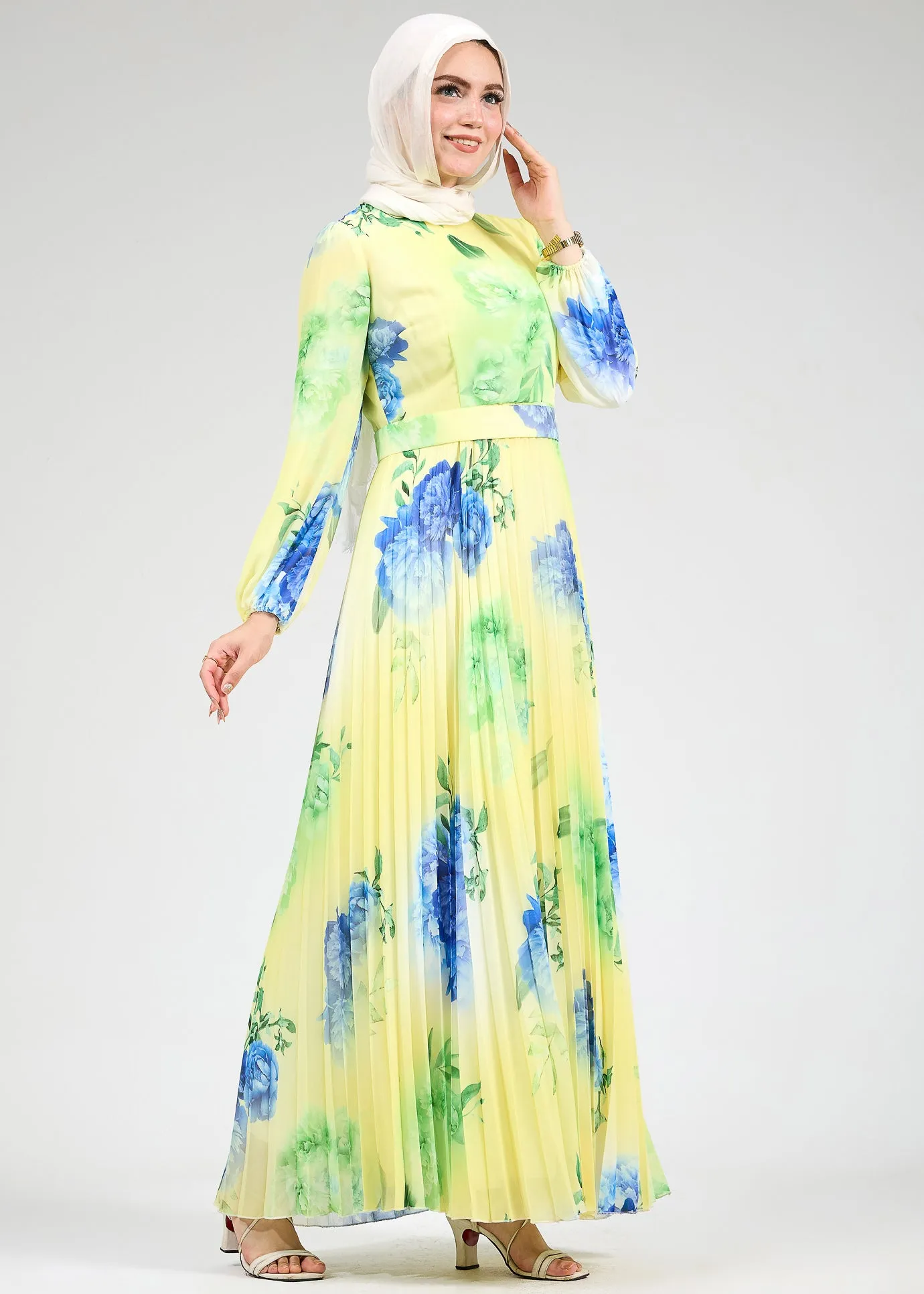 Lubab Floral Chiffon Modest Maxi Dress with Pleated Skirt and Belted Waist