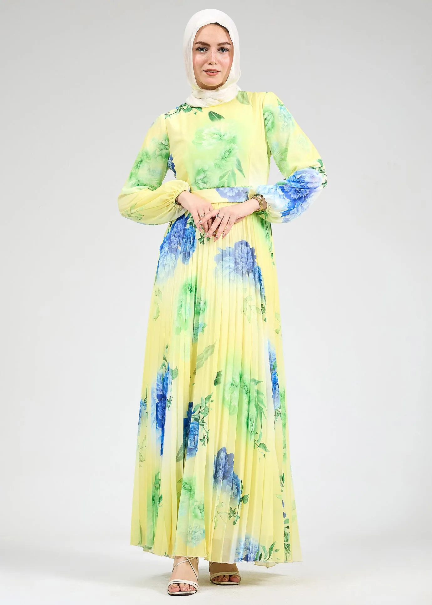 Lubab Floral Chiffon Modest Maxi Dress with Pleated Skirt and Belted Waist