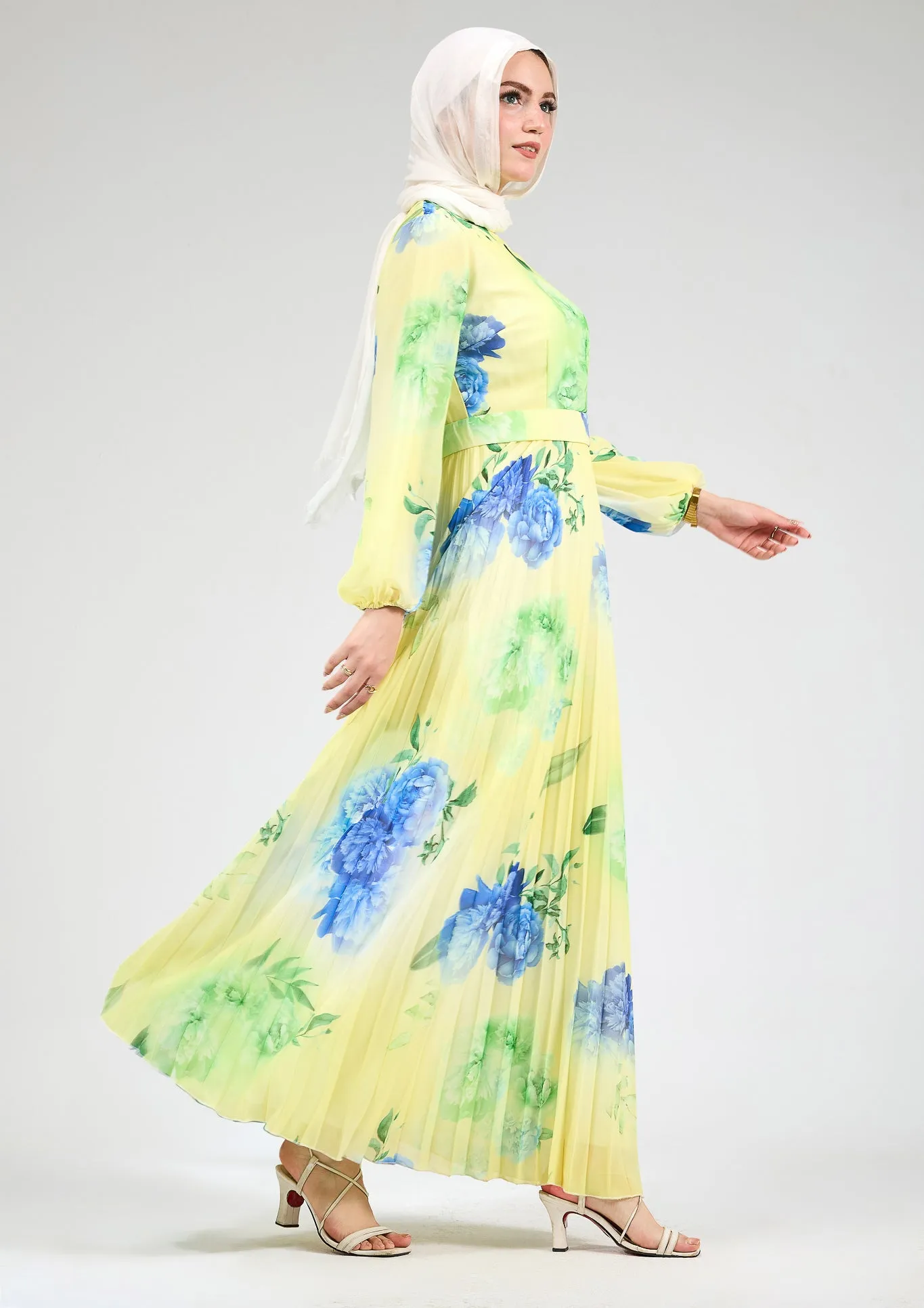 Lubab Floral Chiffon Modest Maxi Dress with Pleated Skirt and Belted Waist