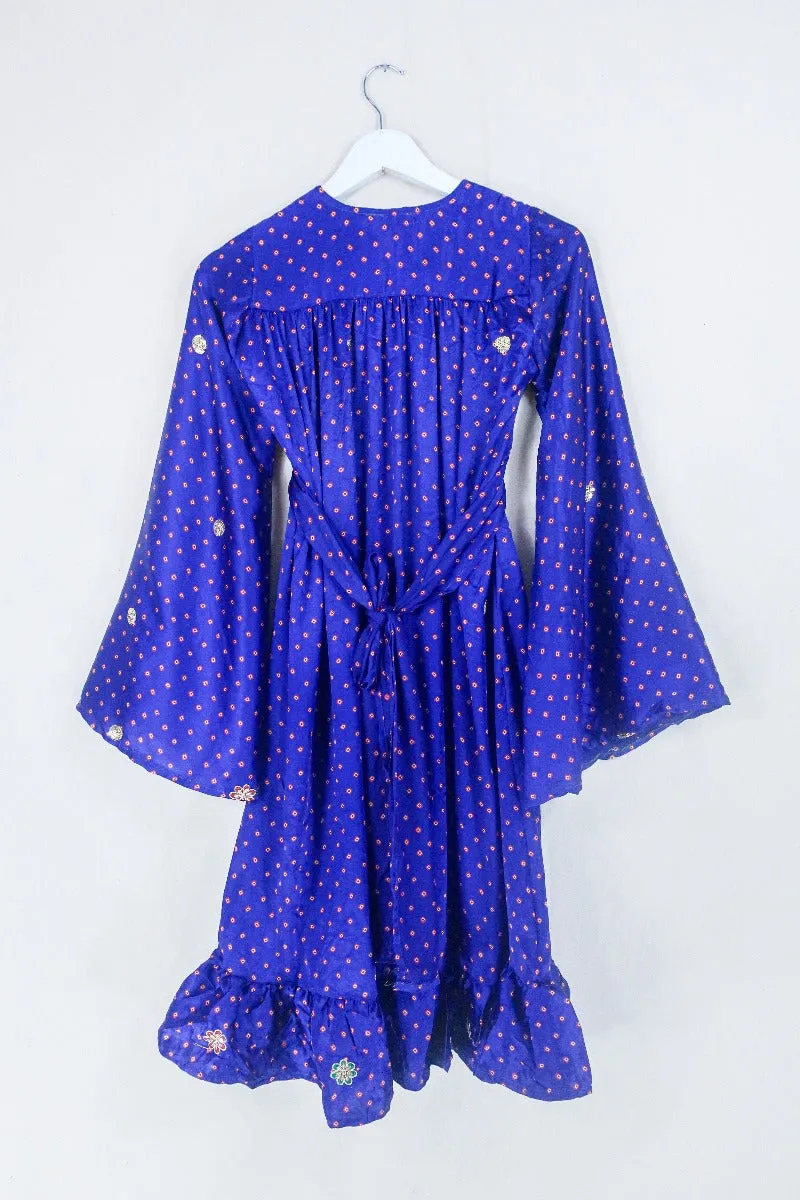 Lunar Mini Dress - Vintage Sari - French Violet and Golden Sequin - Size XXS Petite