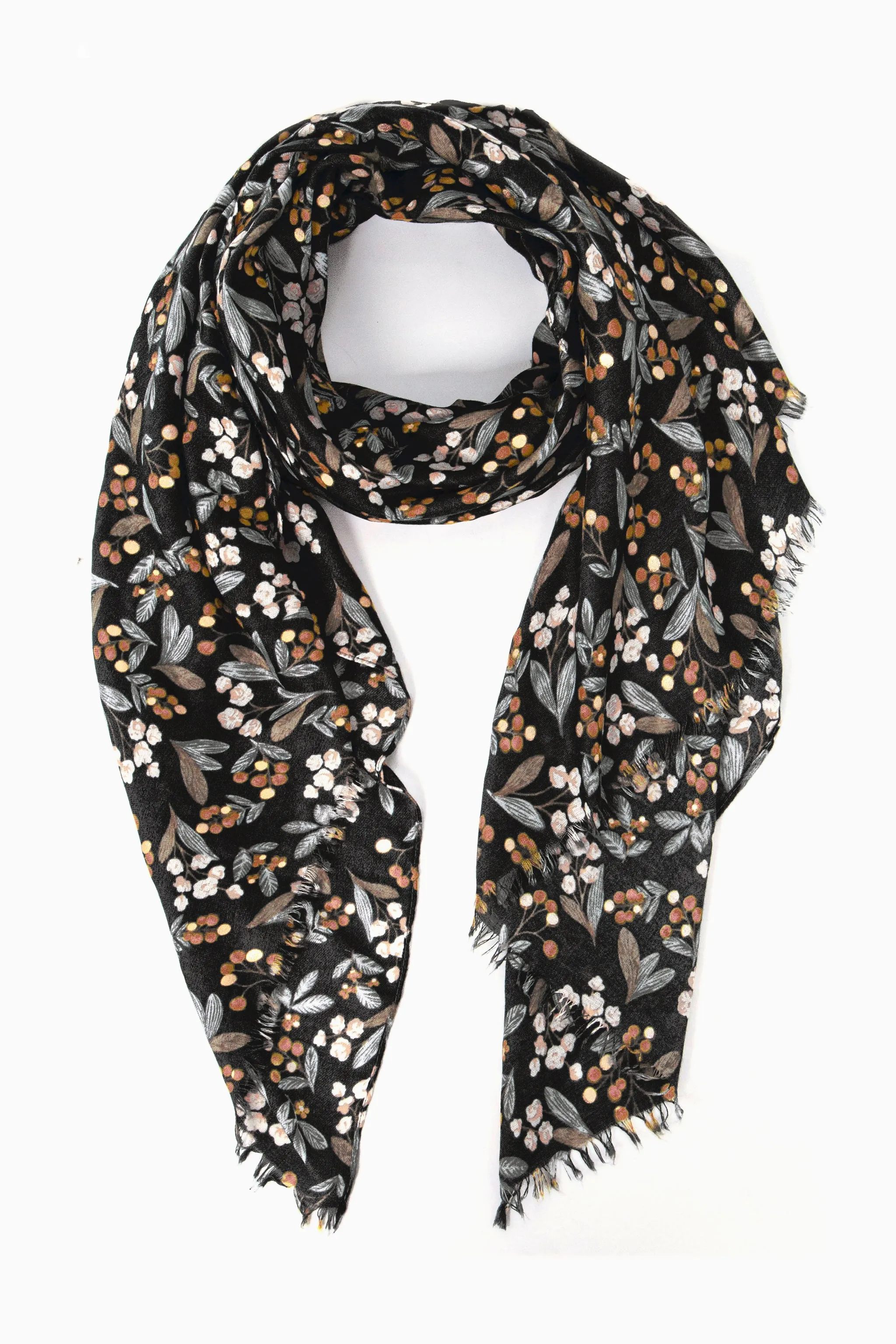 Marie Lightweight Scarf - Black, Floral Foil