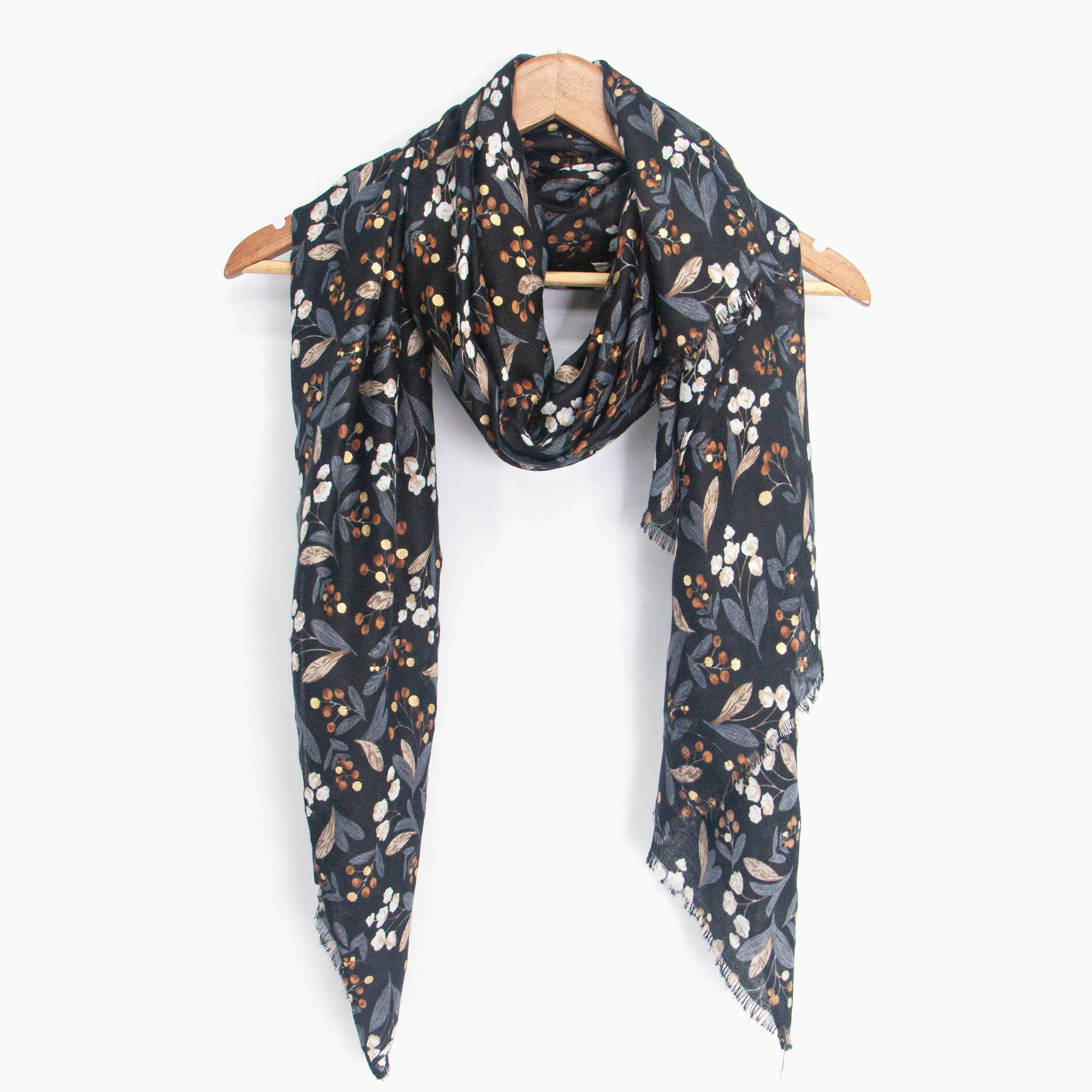 Marie Lightweight Scarf - Black, Floral Foil