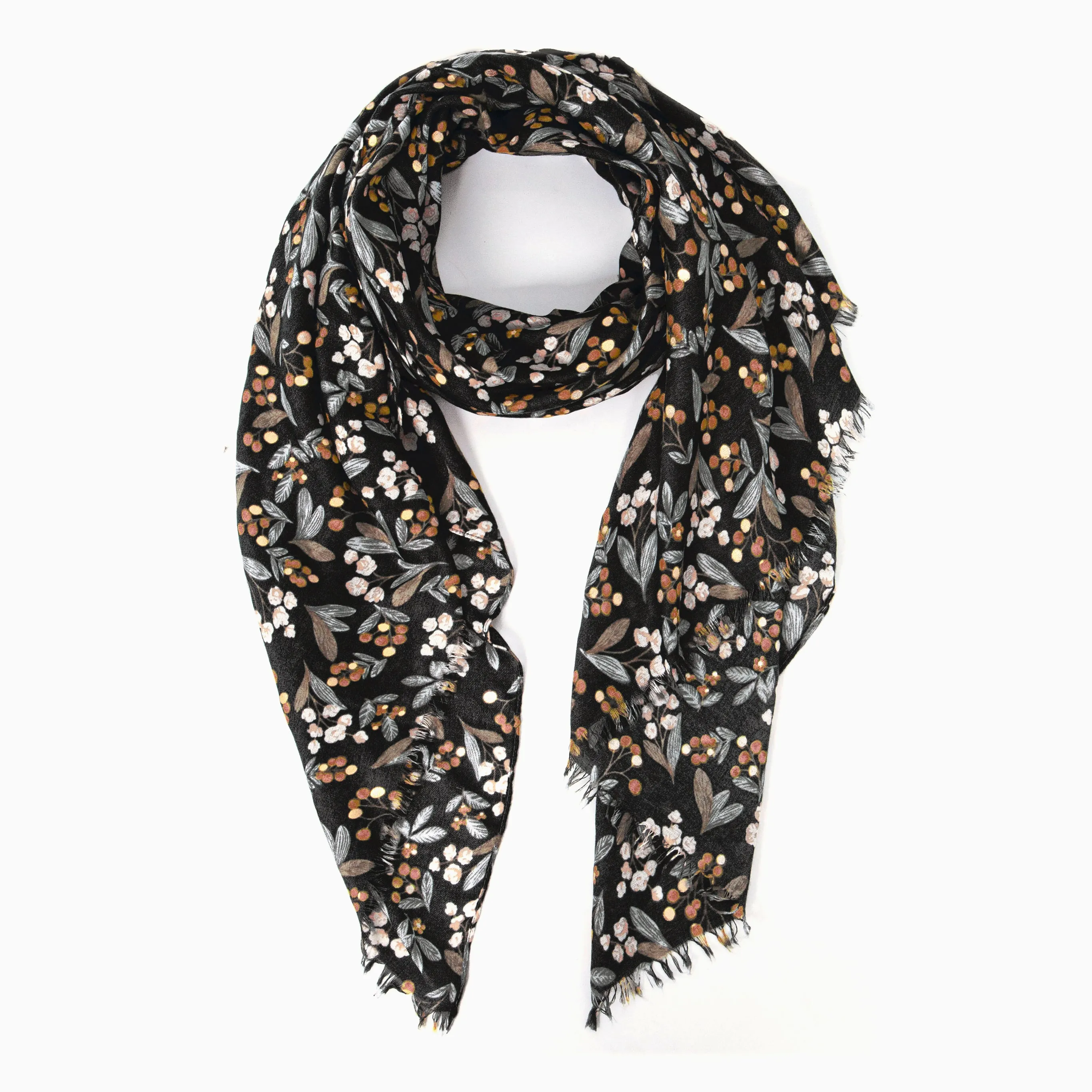 Marie Lightweight Scarf - Black, Floral Foil