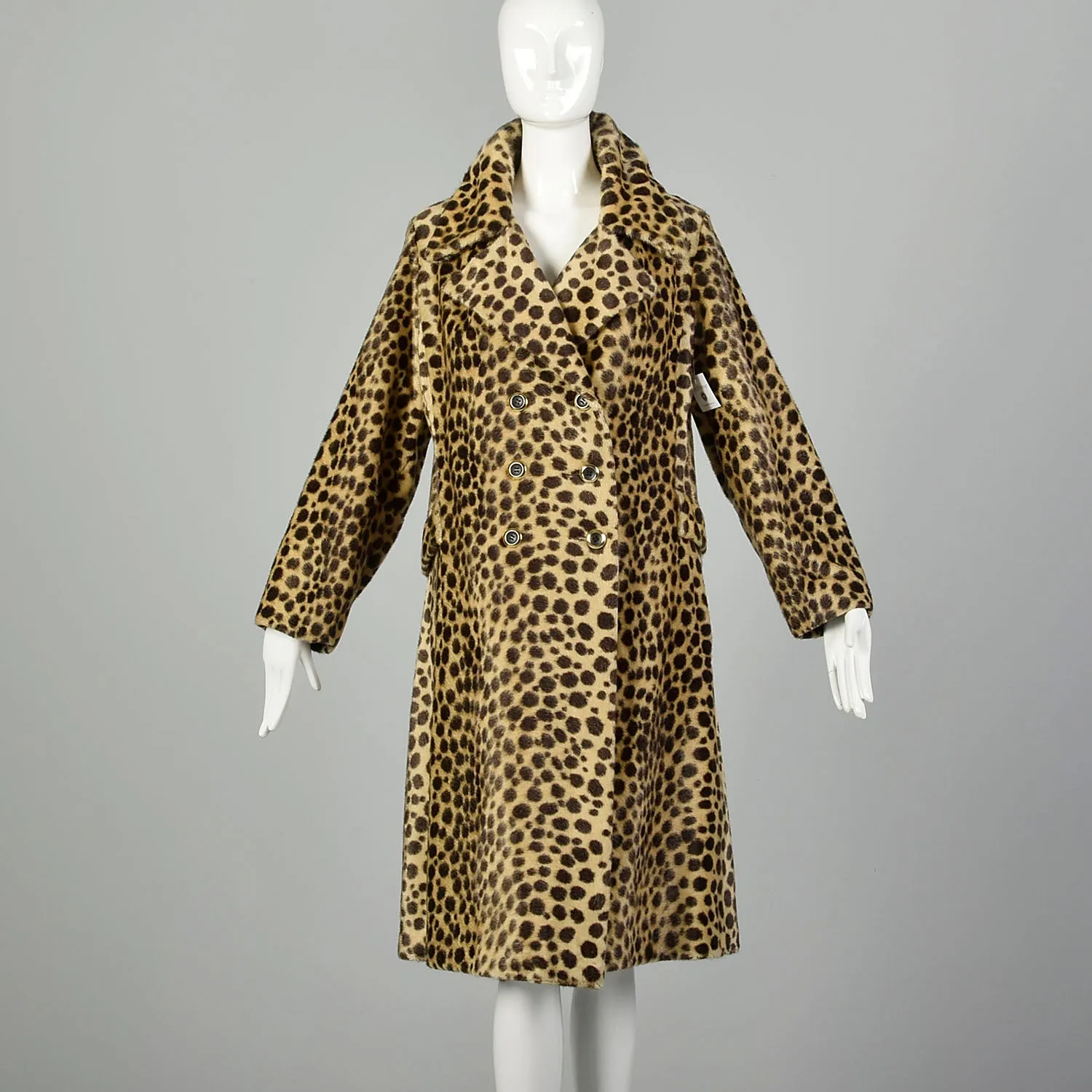 Medium 1960s Vegan Leopard Fur Winter Coat Mod Double Breasted Faux Fur