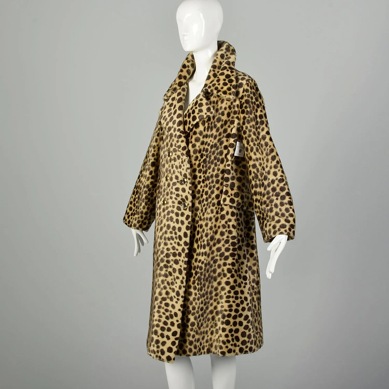 Medium 1960s Vegan Leopard Fur Winter Coat Mod Double Breasted Faux Fur