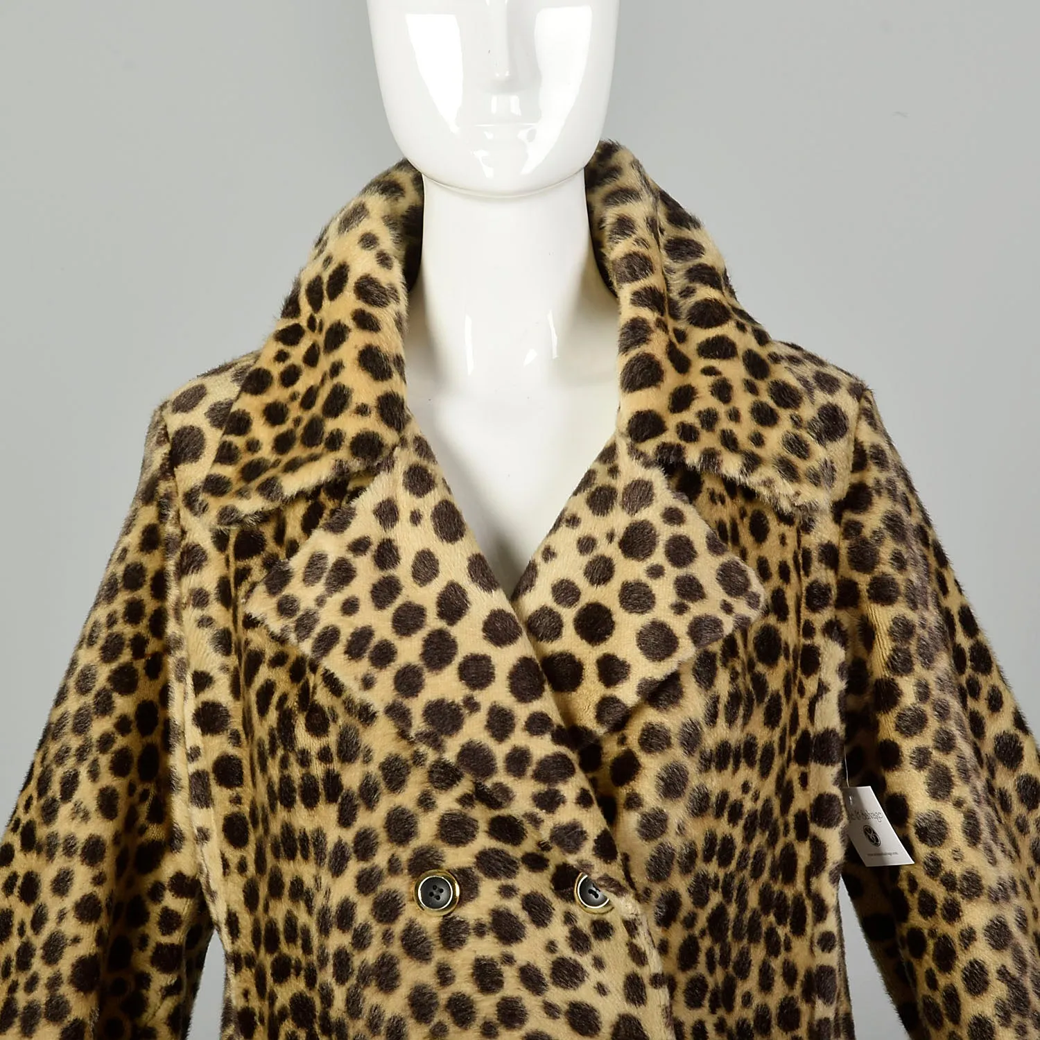 Medium 1960s Vegan Leopard Fur Winter Coat Mod Double Breasted Faux Fur