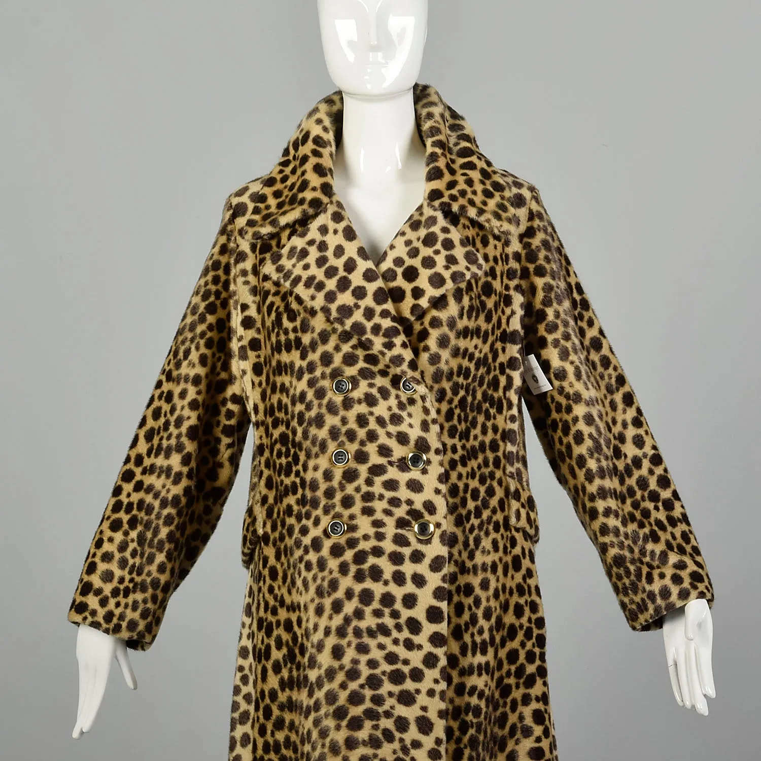 Medium 1960s Vegan Leopard Fur Winter Coat Mod Double Breasted Faux Fur