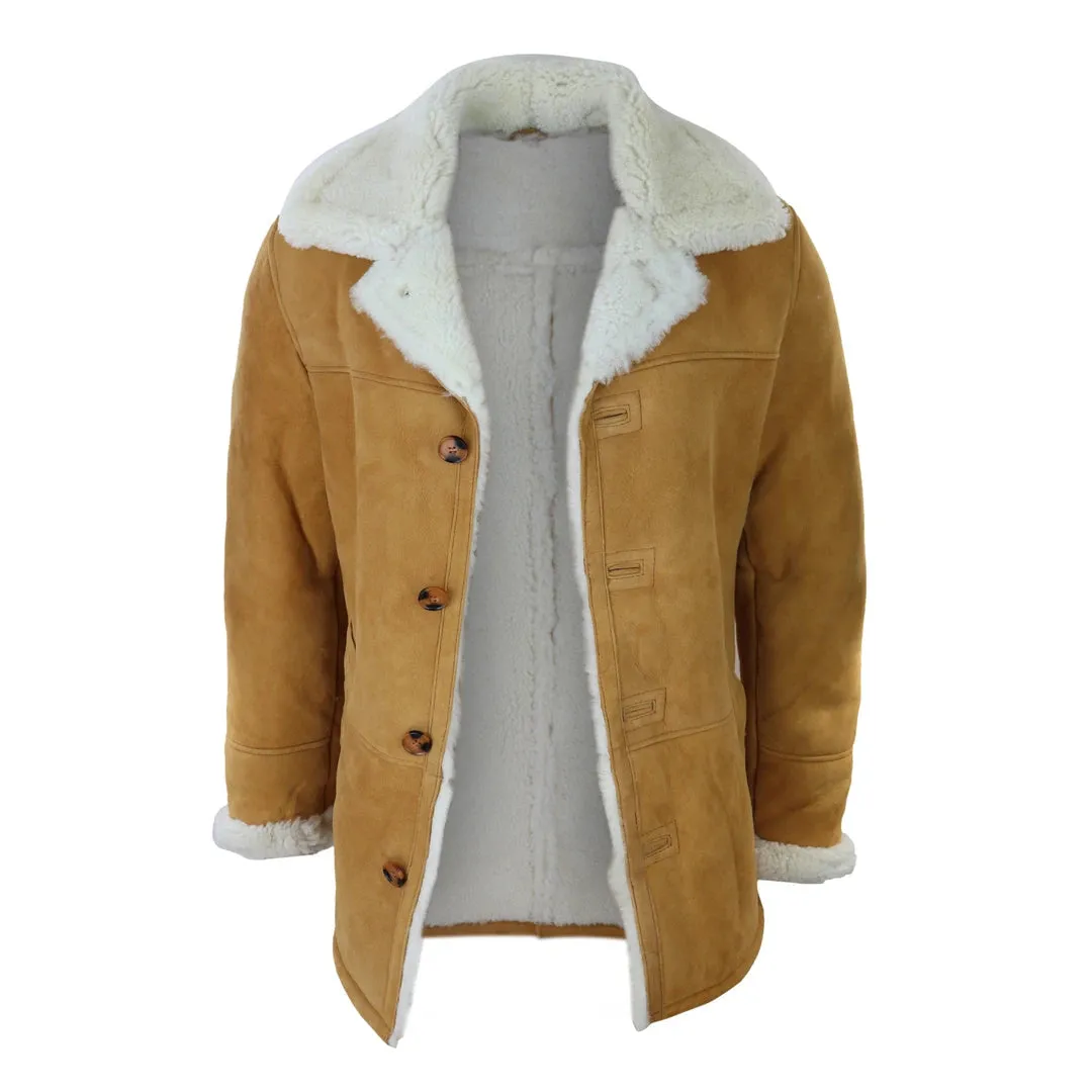 Men's 3/4 Sheepskin Coat Classic Tan Brown Camel Jacket Cream Fur