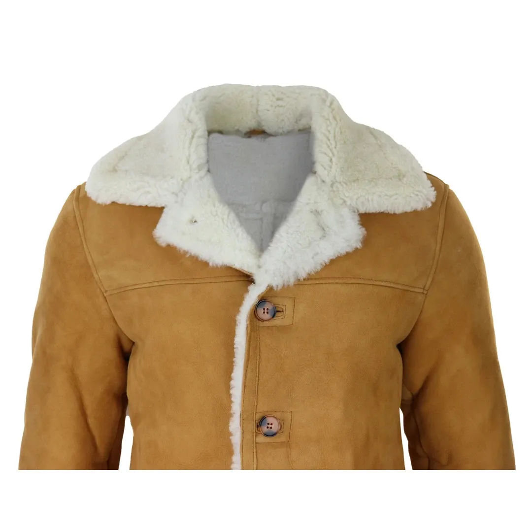 Men's 3/4 Sheepskin Coat Classic Tan Brown Camel Jacket Cream Fur