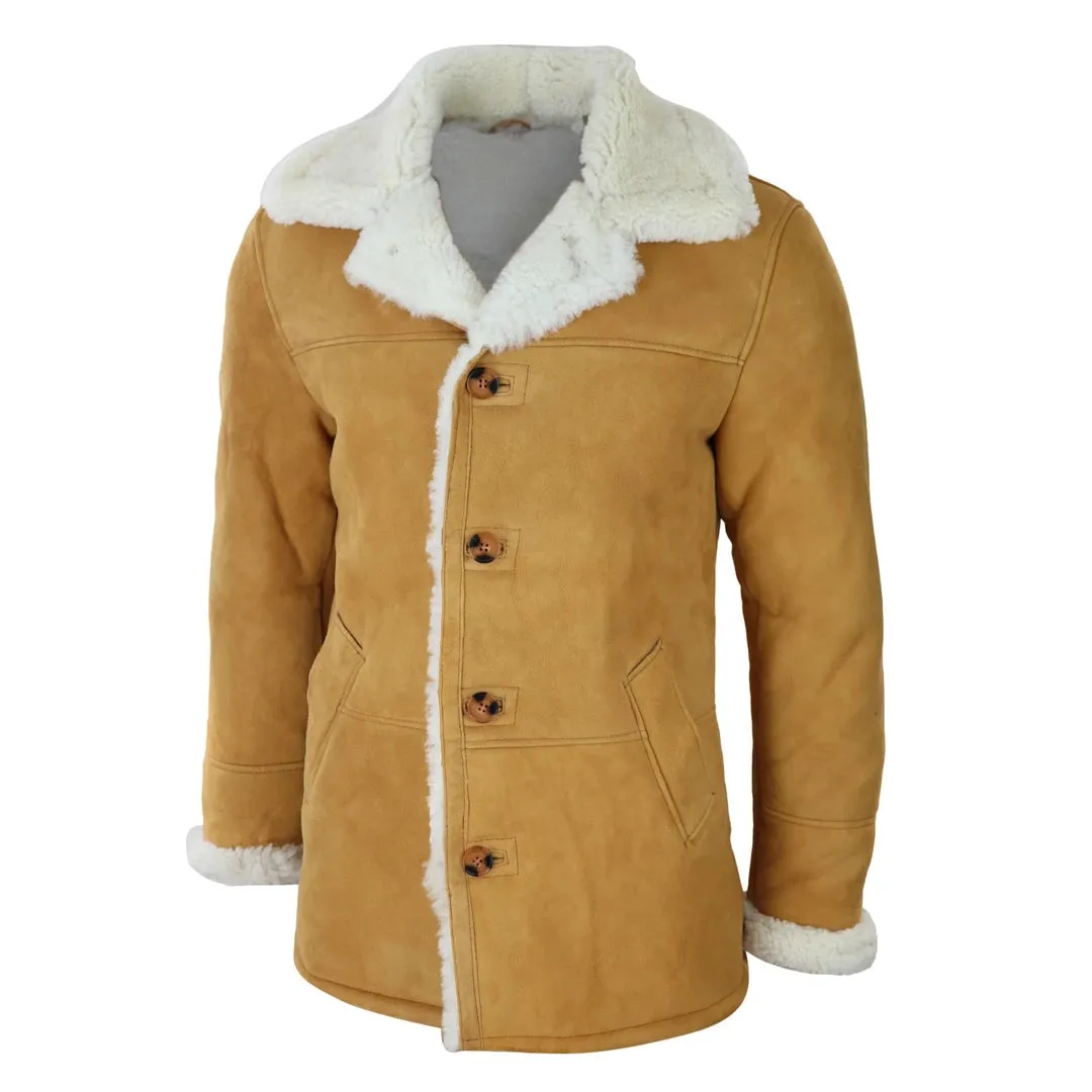 Men's 3/4 Sheepskin Coat Classic Tan Brown Camel Jacket Cream Fur