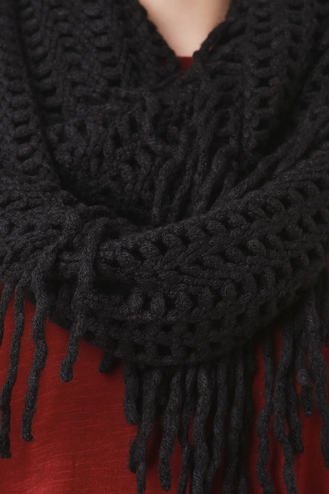 Open Knit Fringe Infinity Scarf