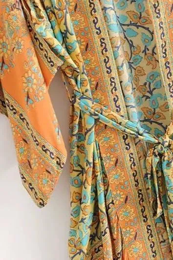 ORANGE ORIENTAL FLORAL PRINT KIMONO BLOUSE