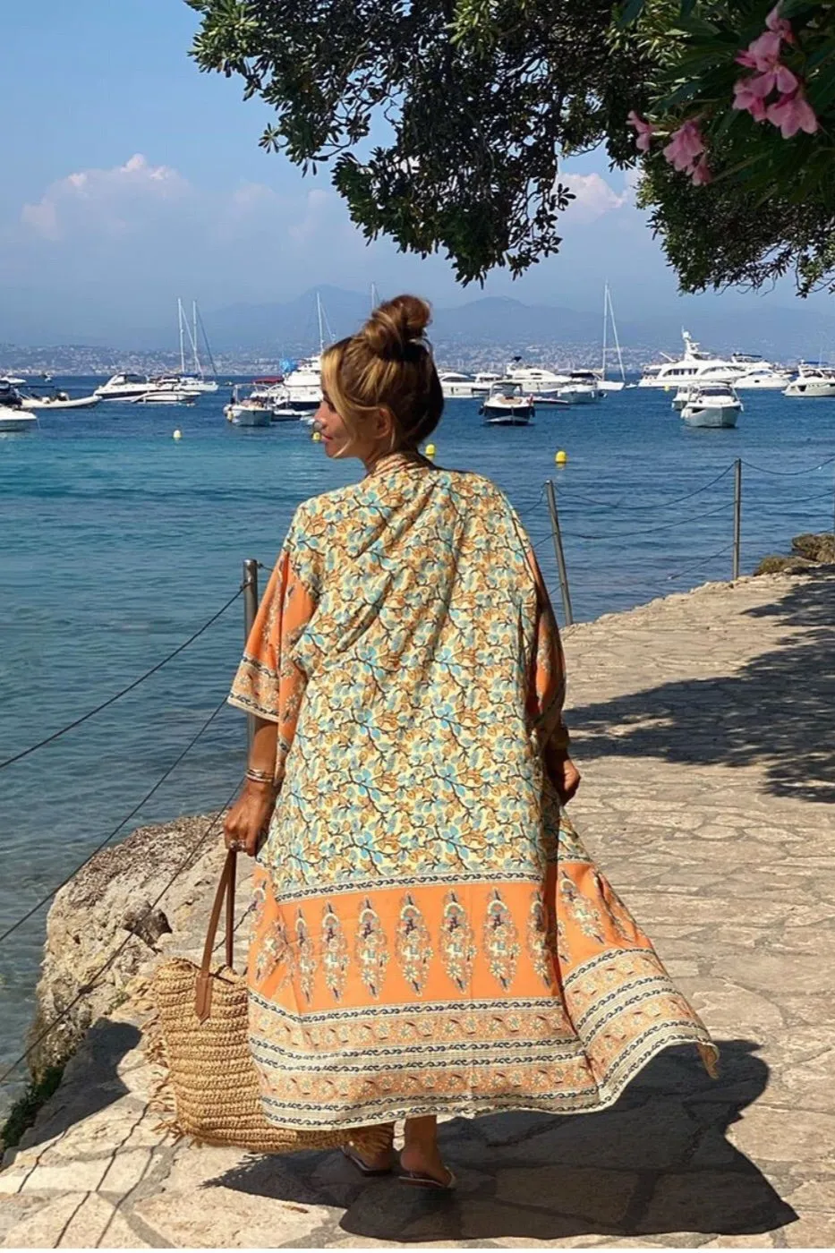 ORANGE ORIENTAL FLORAL PRINT KIMONO BLOUSE