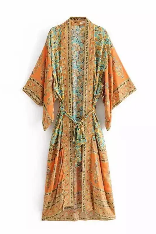 ORANGE ORIENTAL FLORAL PRINT KIMONO BLOUSE