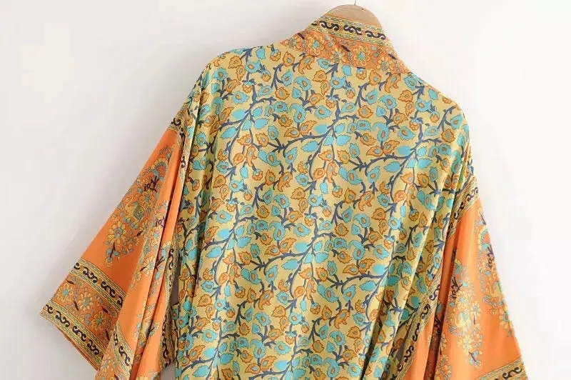 ORANGE ORIENTAL FLORAL PRINT KIMONO BLOUSE